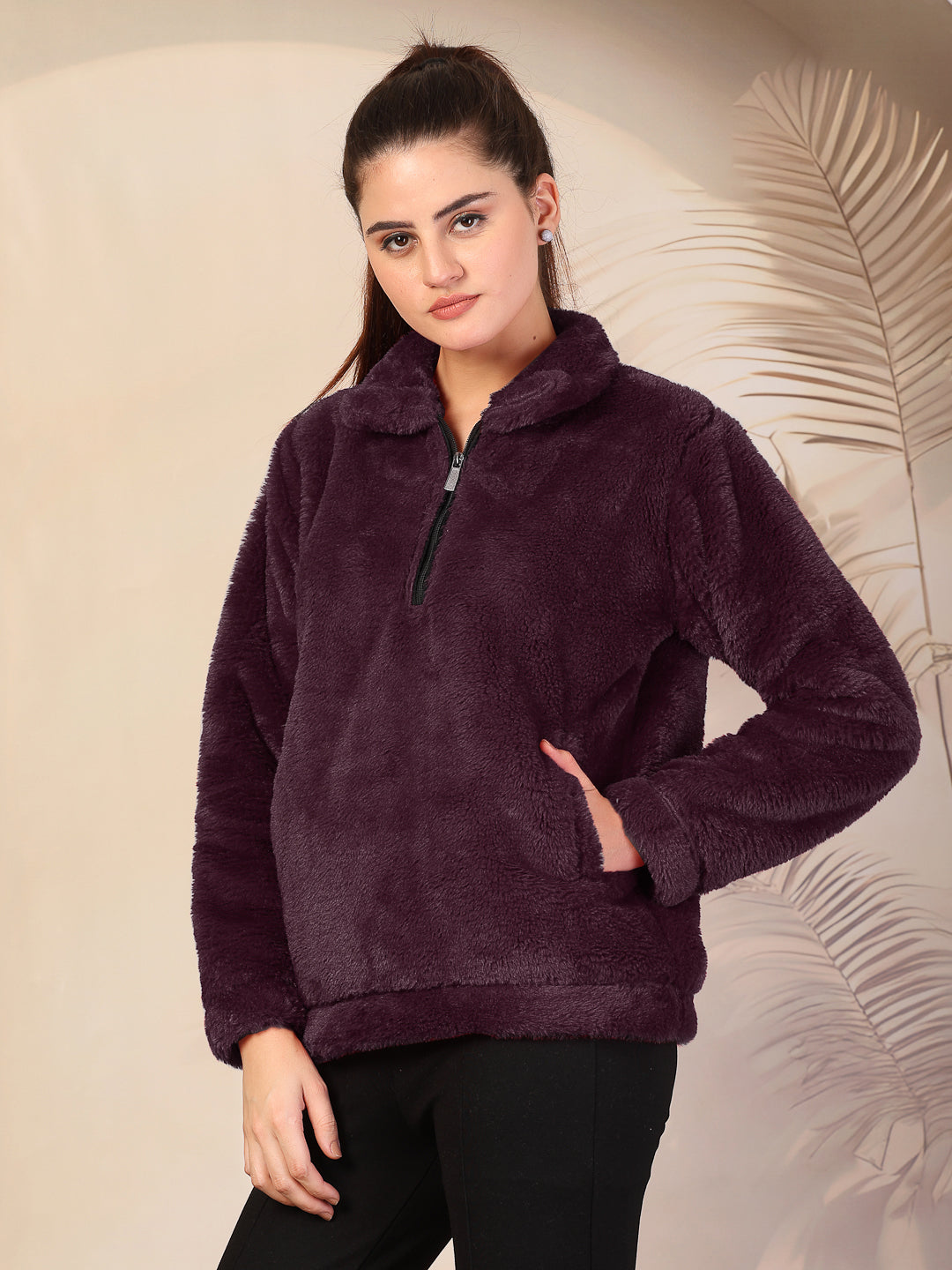 Klotthe Women Wine Solid Woolen Fur Winter Jacket