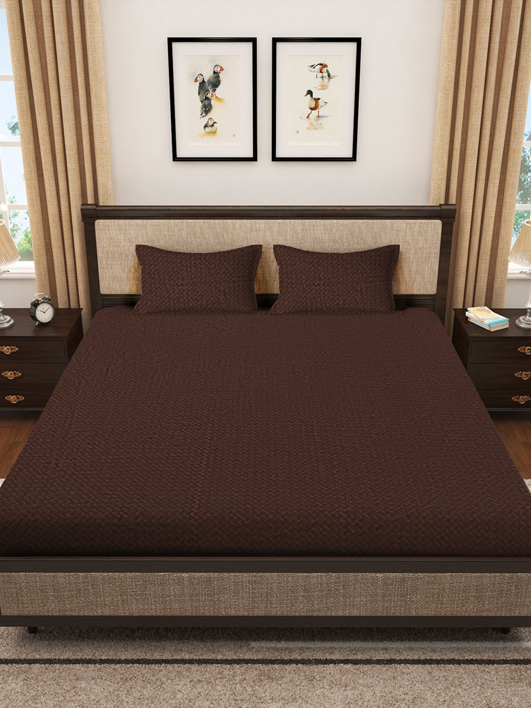 Klotthe Dark Brown Abstract Woolen Fitted Double Bed Sheet with 2 Pillow Covers