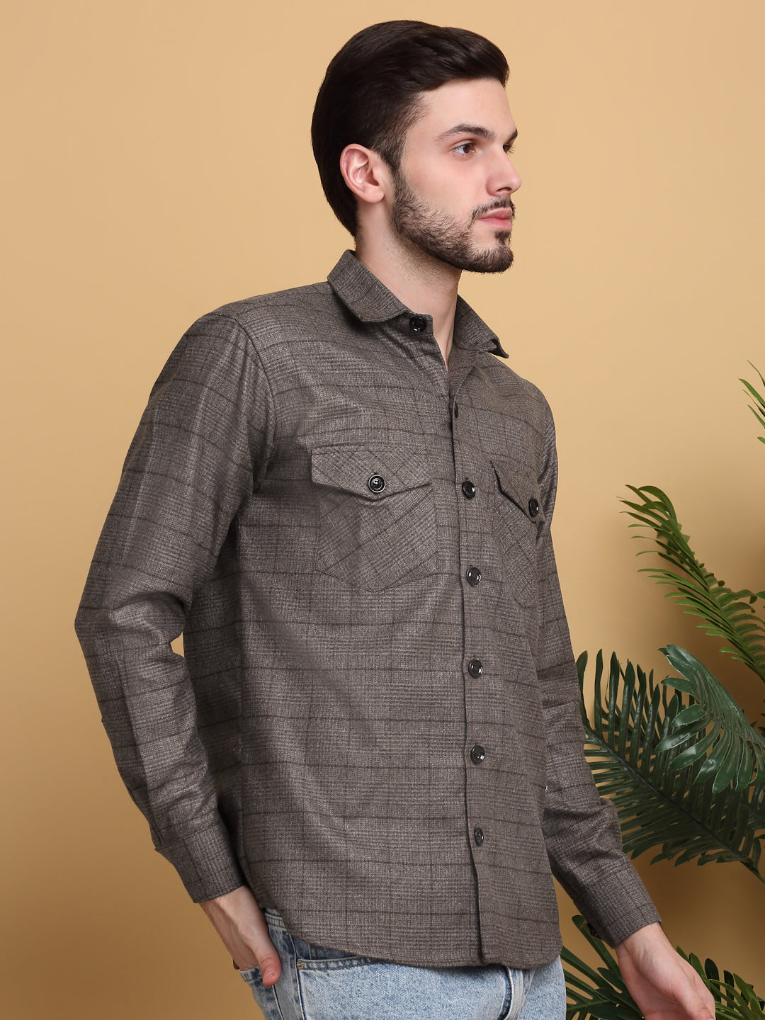 Klotthe Men Brown Checked Spread Collar Woolen Casual Shirt