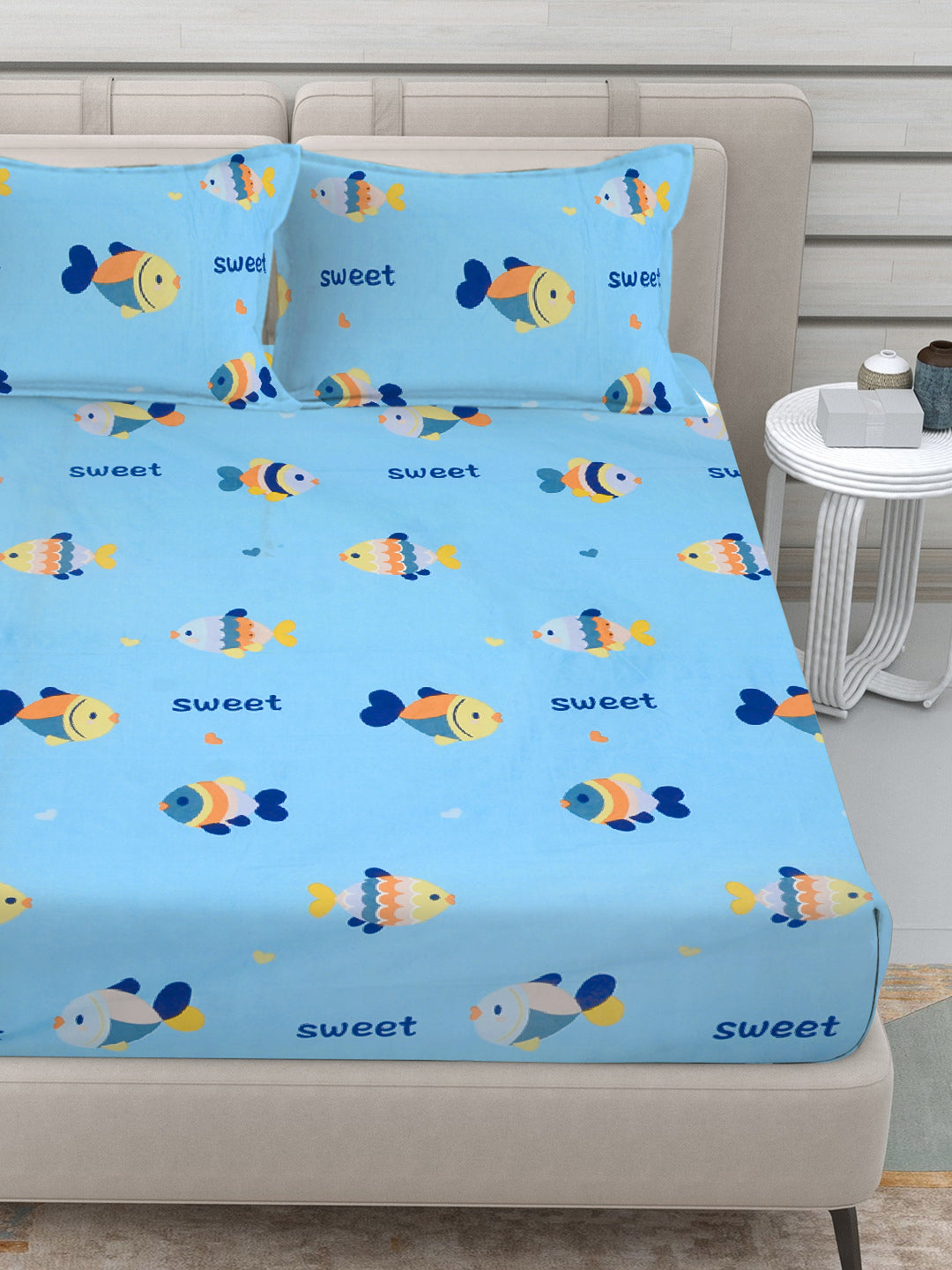 Klotthe Sky Blue Cartoon Characters 300 TC Cotton Blend Fitted Double Bedsheet with 2 Pillow Covers