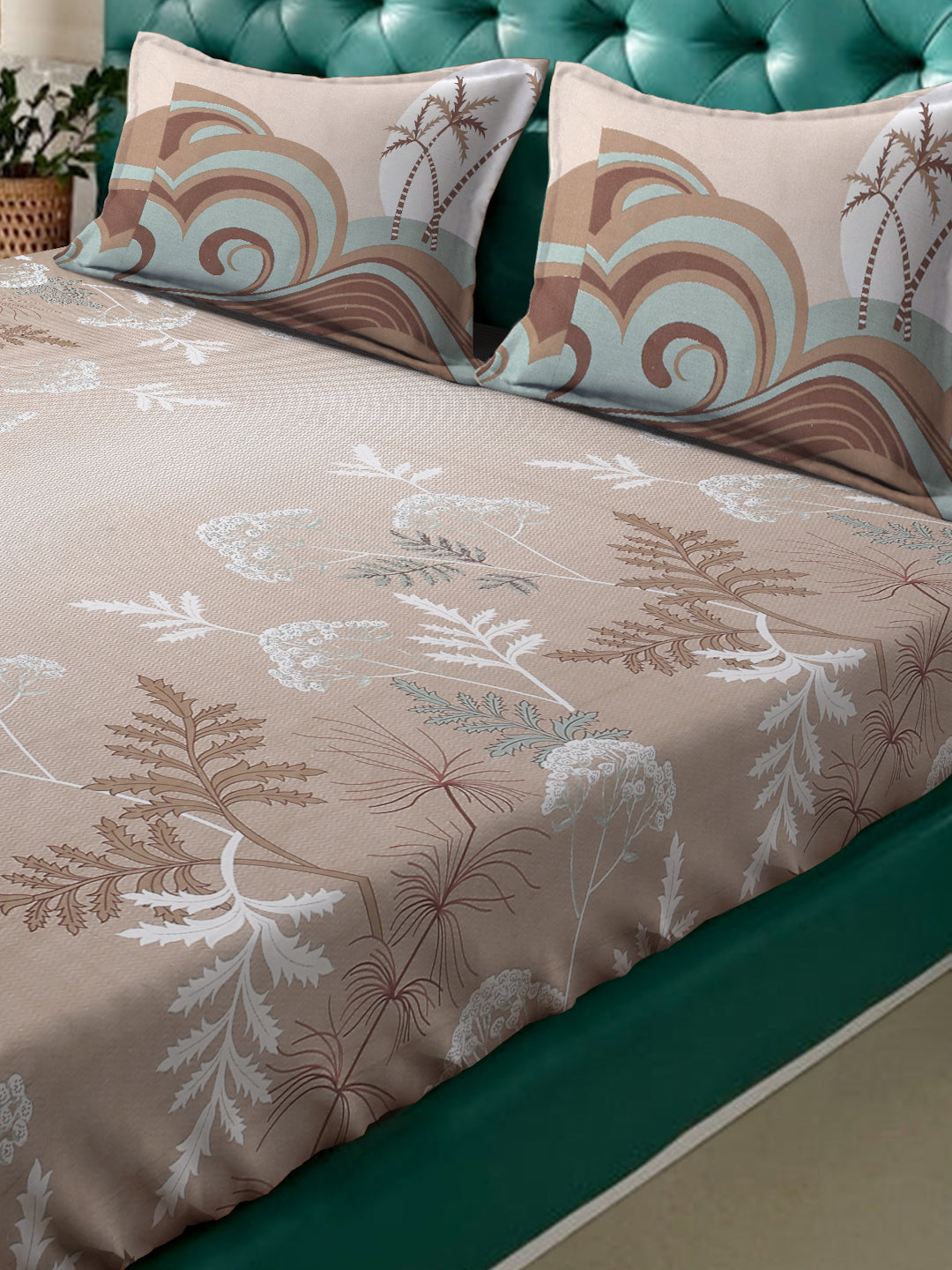 Klotthe Beige Floral 400 TC Pure Cotton Fitted Super King Double Bedsheet with 2 Pillow covers