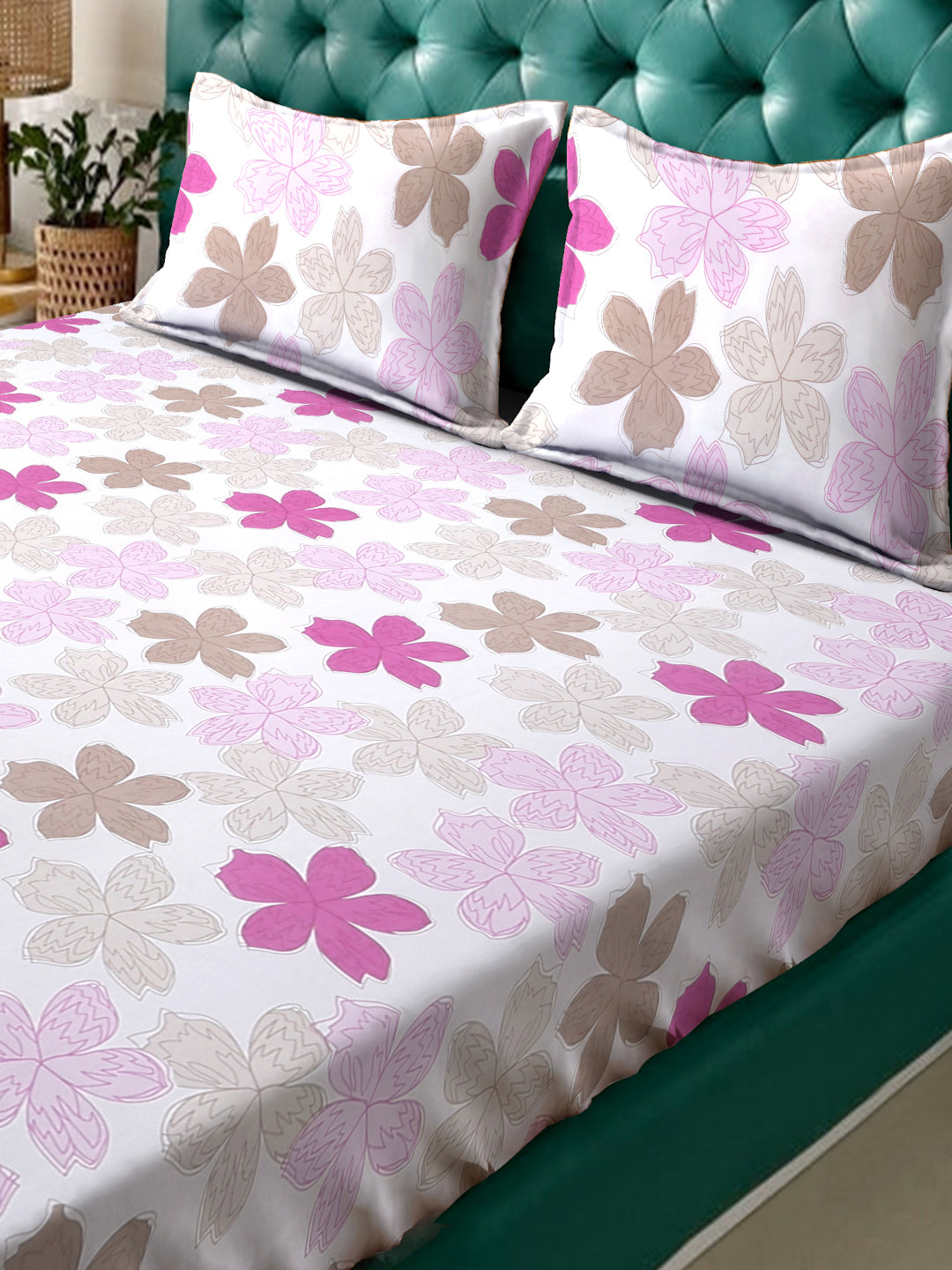 Klotthe White Floral 300 TC Cotton Blend Double Bedsheet with 2 Pillow Covers