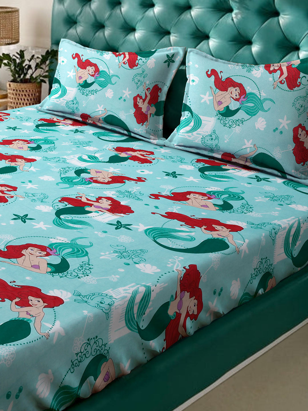 Klotthe Turquoise Cartoon Characters 400 TC Pure Cotton Double Bedsheet with 2 Pillow Covers