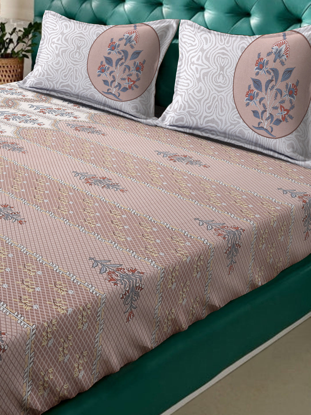 Klotthe Peach Floral 400 TC Pure Cotton Fitted Super King Double Bedsheet with 2 Pillow covers