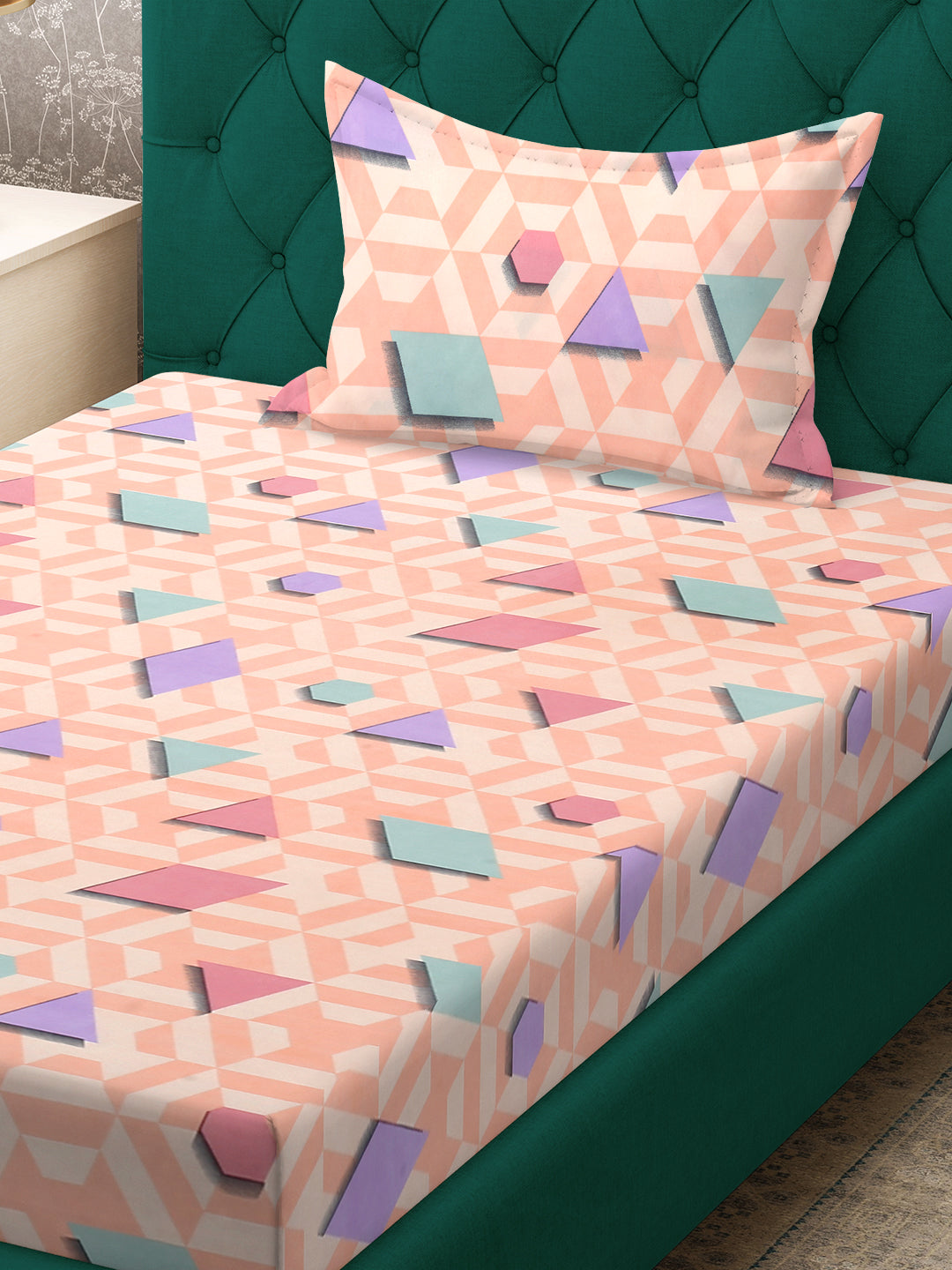 Klotthe Peach Geometric 300 TC Cotton Blend Fitted Single Bedsheet with Pillow Cover