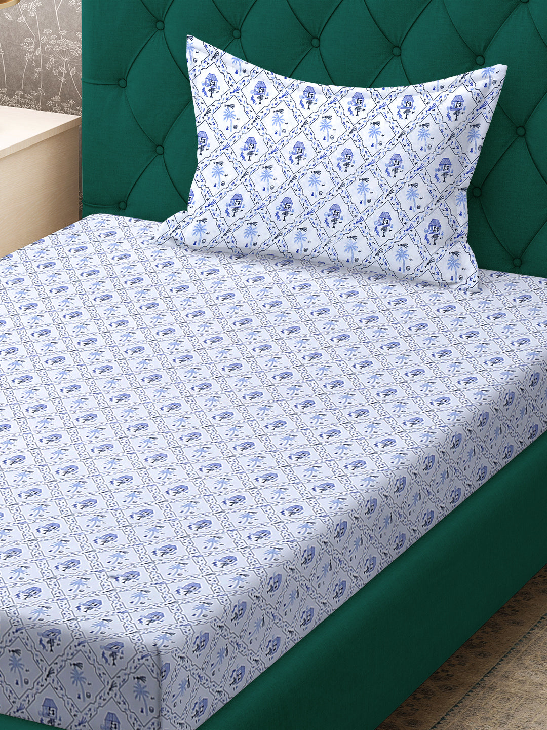 Klotthe White Floral 300 TC Cotton Blend Fitted Single Bedsheet Set in Book Fold Packing