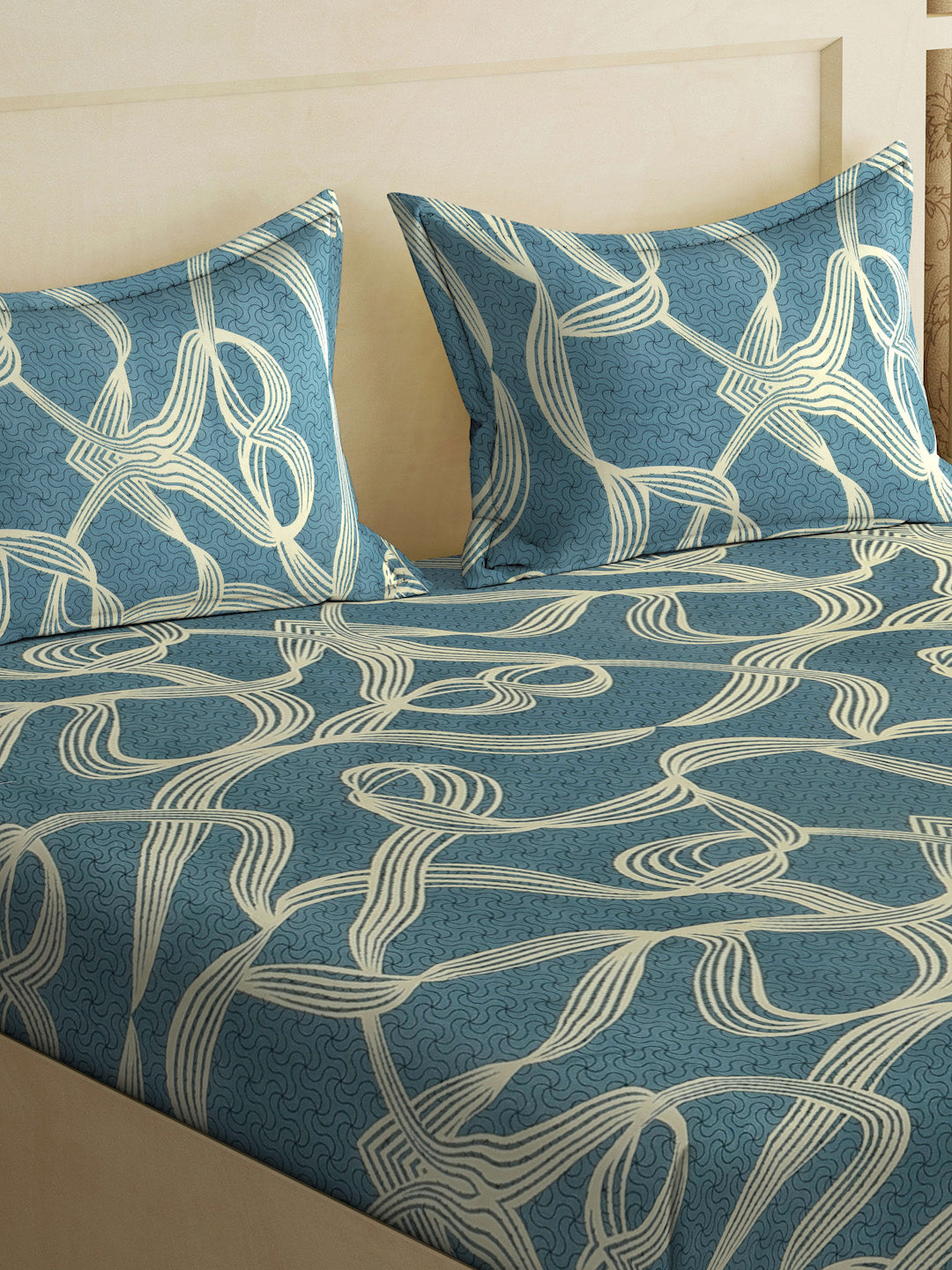 Klotthe Turquoise Abstract 300 TC Cotton Blend Double Bedsheet with 2 Pillow Covers