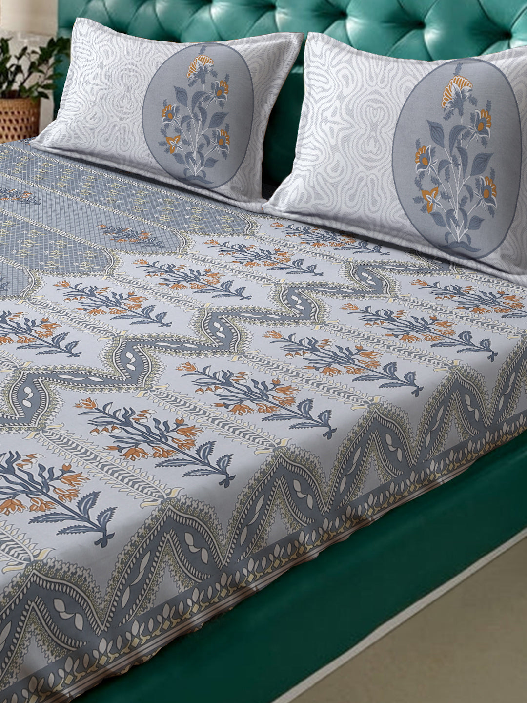 Klotthe Grey Floral 400 TC Pure Cotton Super King Double Bedsheet with 2 Pillow covers