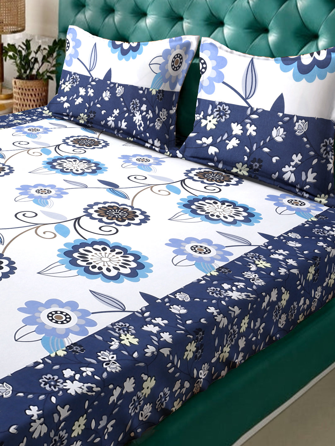 Klotthe White Floral 300 TC Cotton Blend Double Bedsheet with 2 Pillow Covers