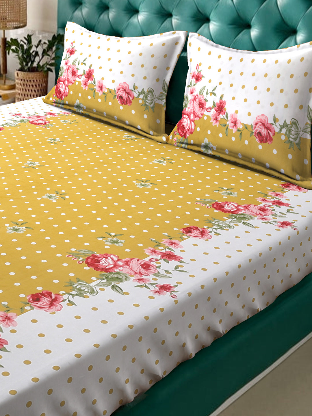 Klotthe Yellow Floral 300 TC Cotton Blend Fitted Double Bedsheet with 2 Pillow Covers