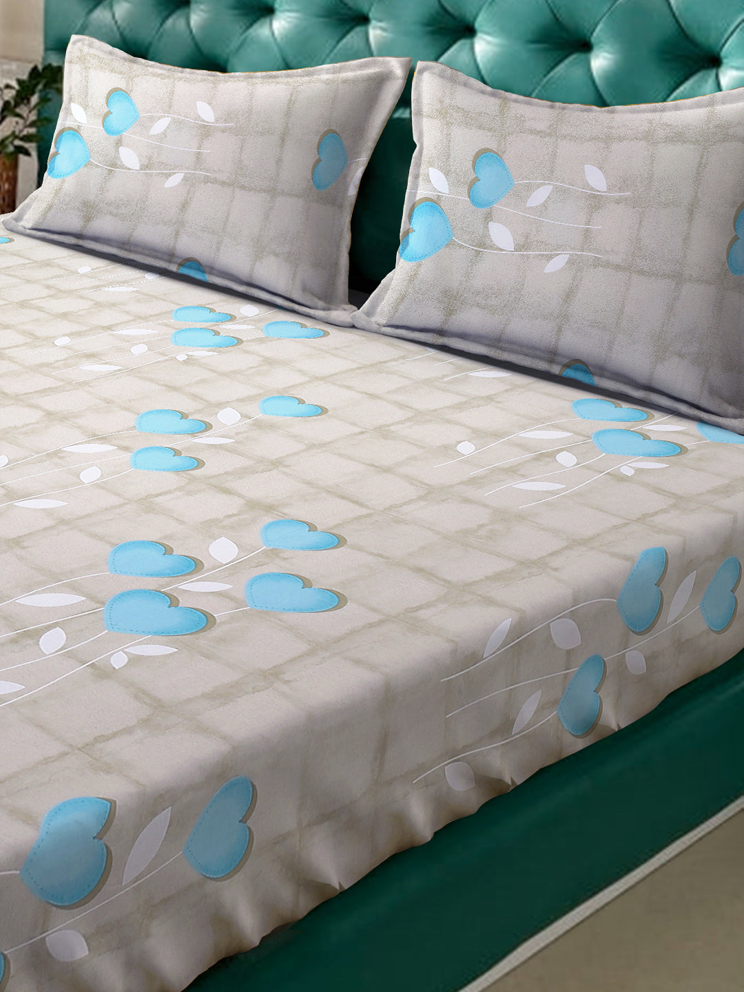 Klotthe Turquoise Floral 400 TC Pure Cotton Double Bedsheet with 2 Pillow Covers