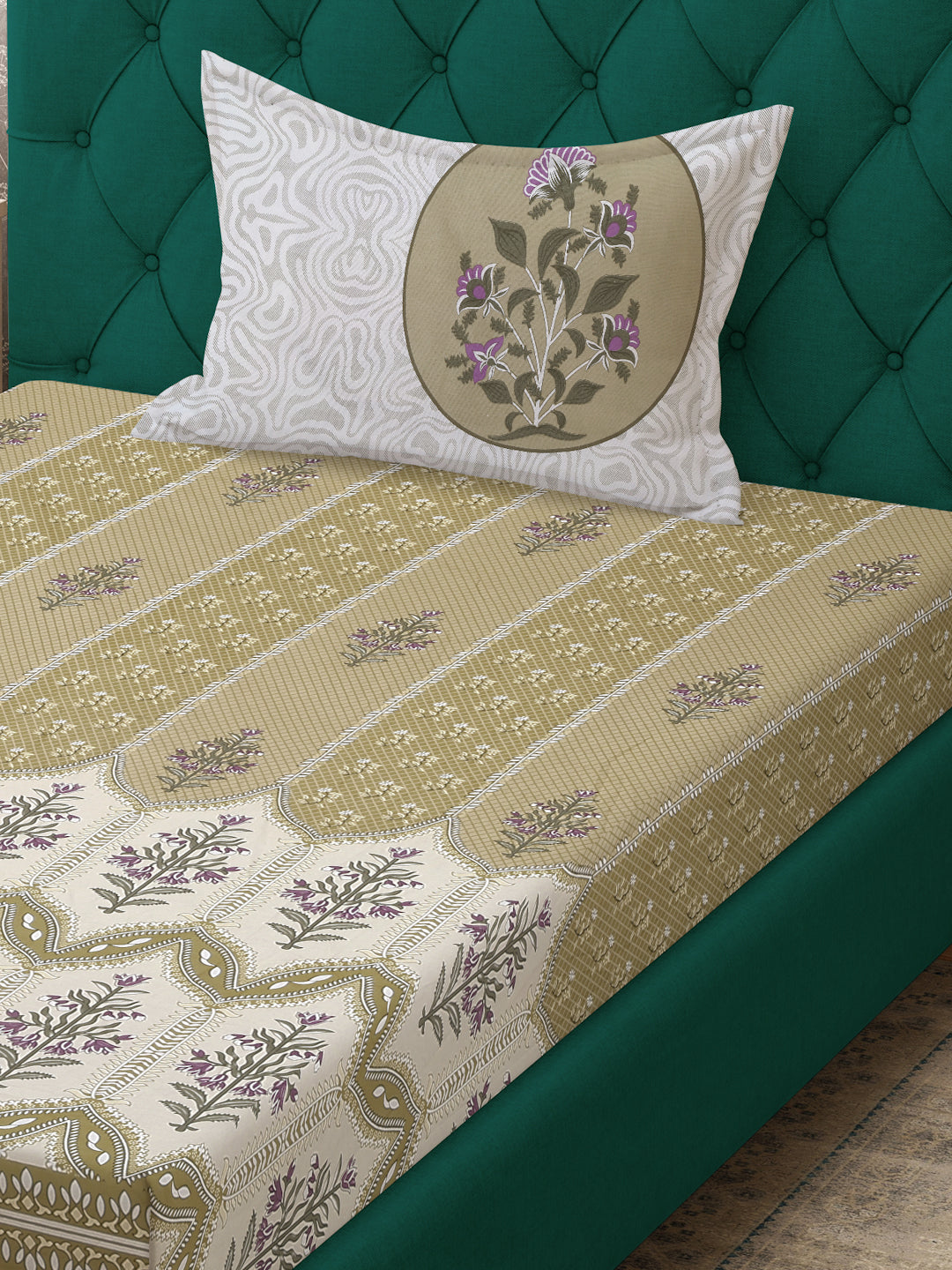 Klotthe Olive Floral 400 TC Pure Cotton Fitted Single Bedsheet with Pillow Cover
