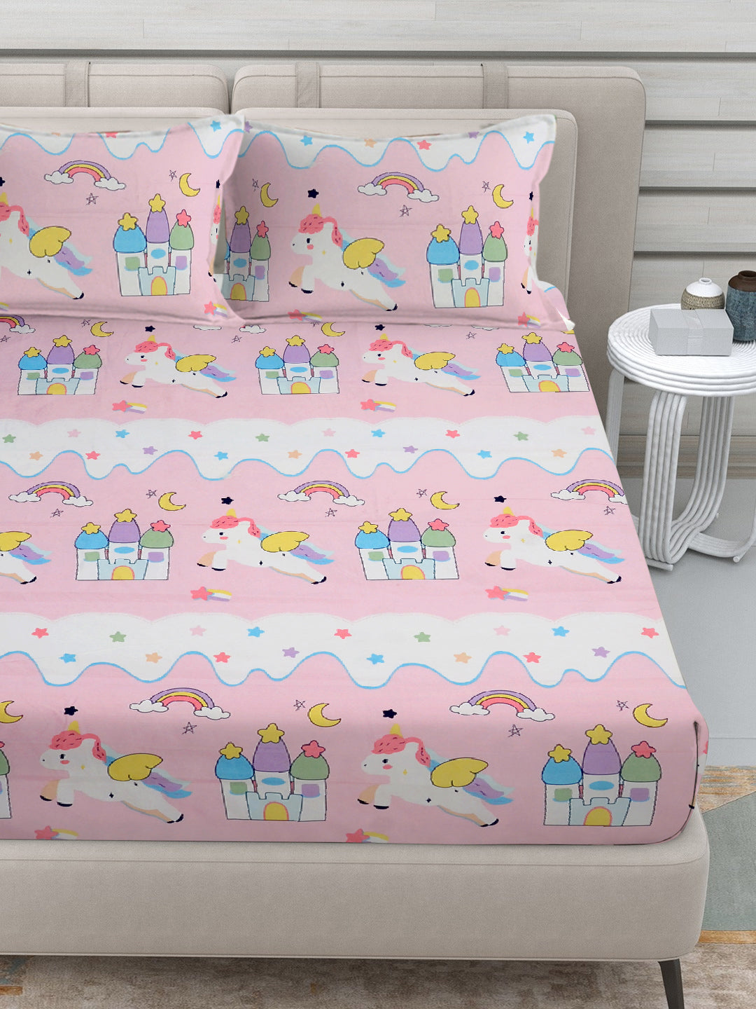 Klotthe Pink Cartoon Characters 300 TC Cotton Blend Double Bedsheet with 2 Pillow Covers