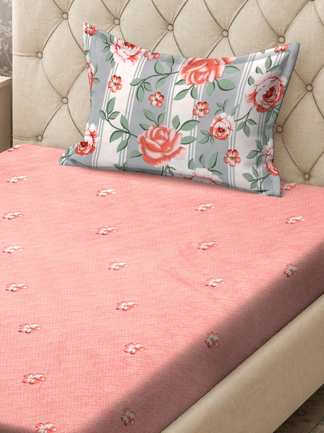 Klotthe Pink Floral 300 TC Cotton Blend Single Bedsheet with Pillow Cover