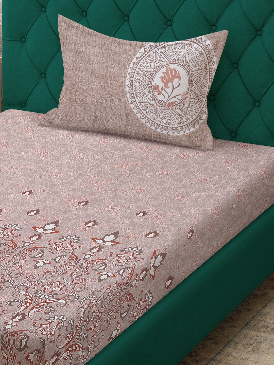 Klotthe Peach Floral 400 TC Pure Cotton Single Bedsheet with Pillow Cover