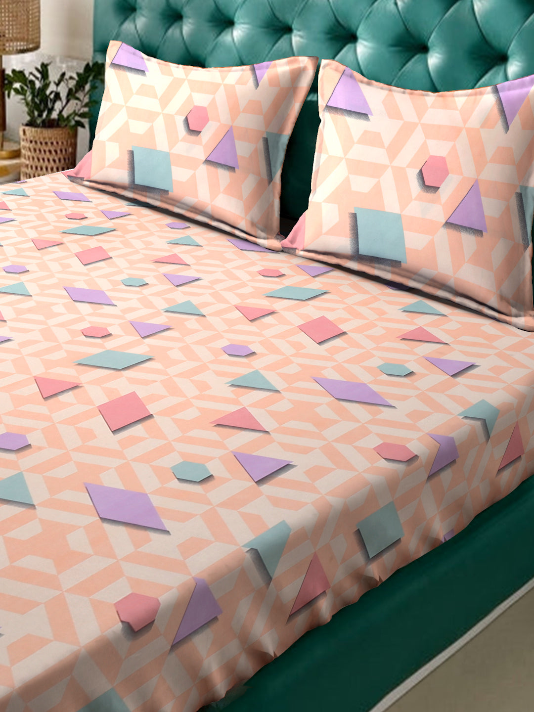 Klotthe Peach Geometric 300 TC Cotton Blend Fitted Double Bedsheet with 2 Pillow Covers