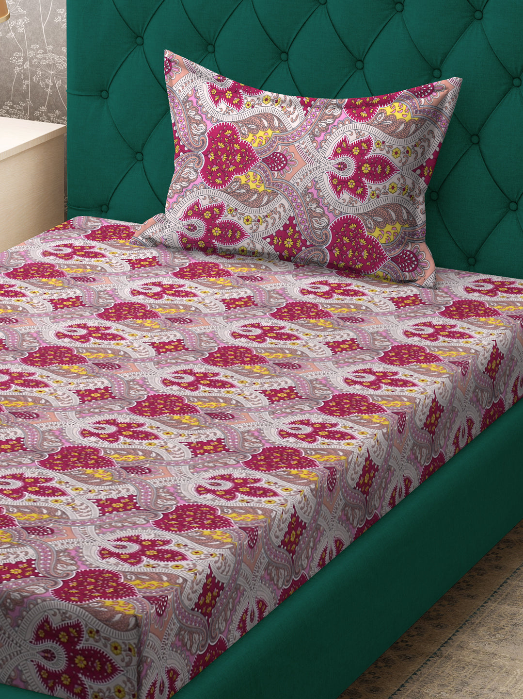 Klotthe Red Ethnic Motifs 300 TC Cotton Blend Single Bedsheet Set in Book Fold Packing