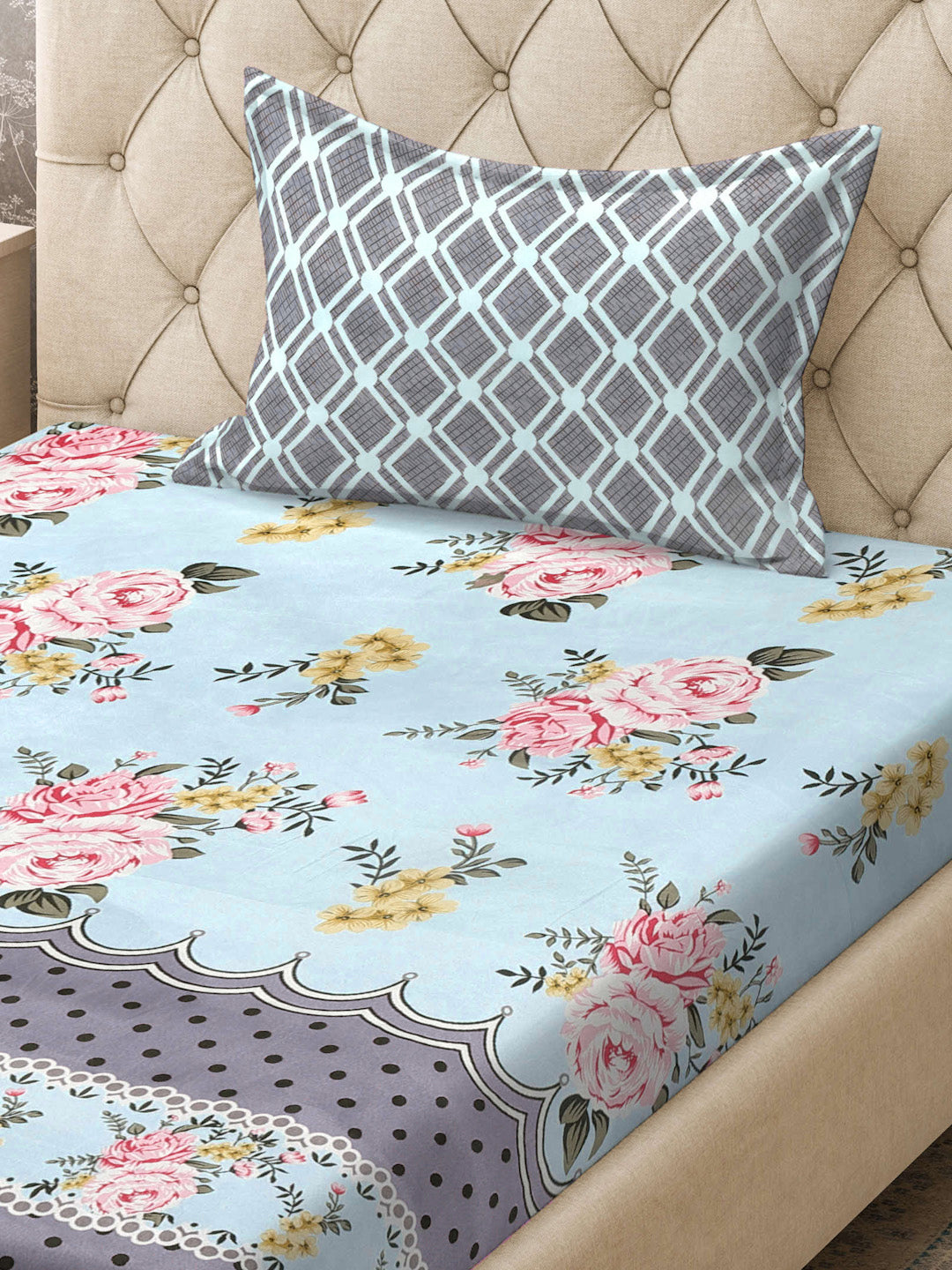 Klotthe SkyBlue Floral 300 TC Cotton Blend Fitted Single Bedsheet with Pillow Cover