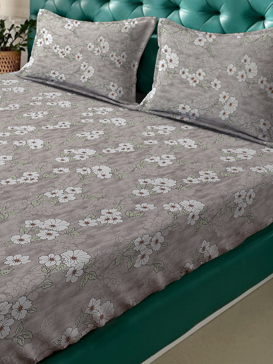 Klotthe Grey Floral 400 TC Pure Cotton Fitted Double Bedsheet with 2 Pillow Covers