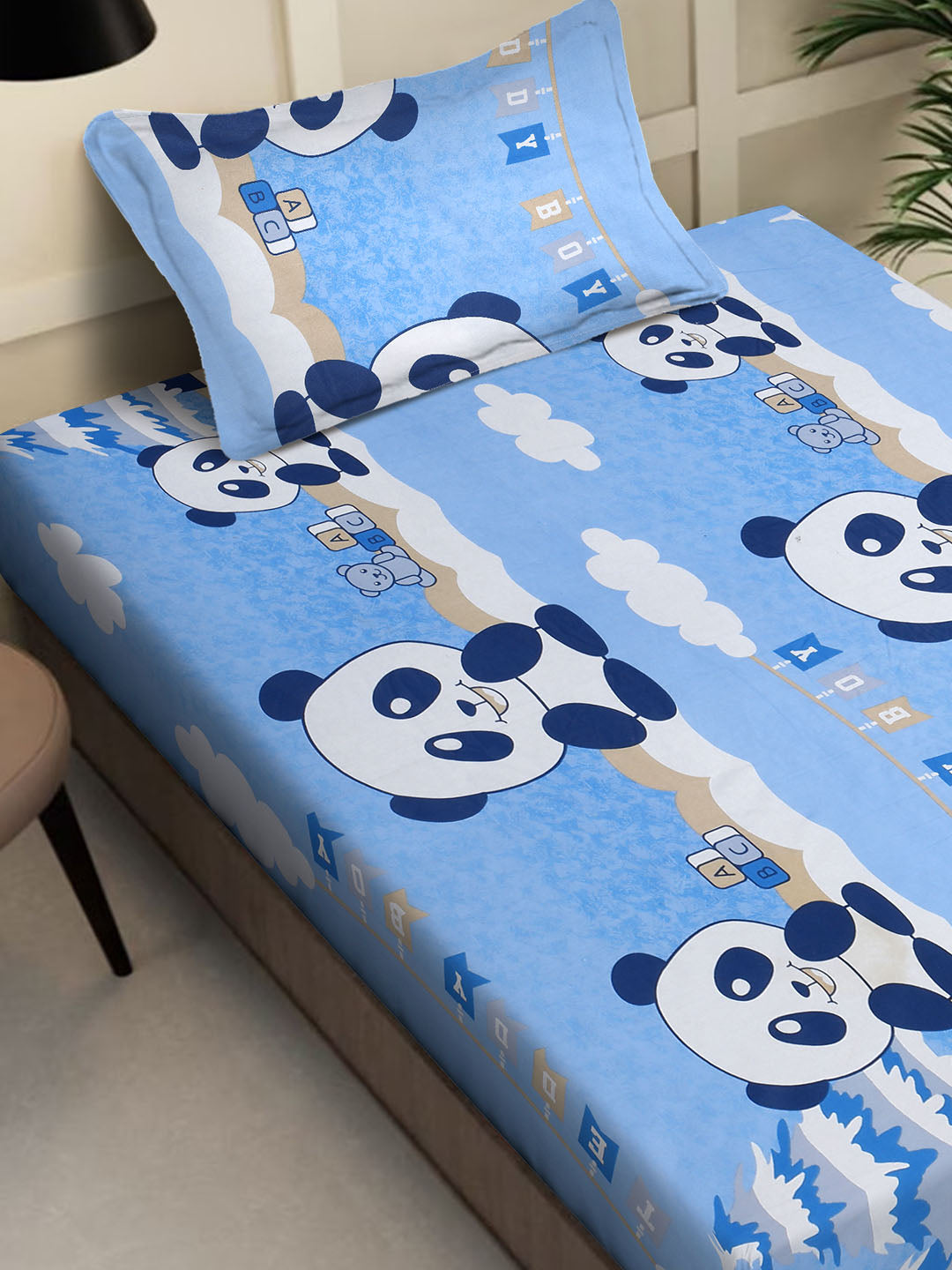 Klotthe SkyBlue Cartoon Characters 400 TC Pure Cotton Fitted Single Bedsheet with Pillow Cover