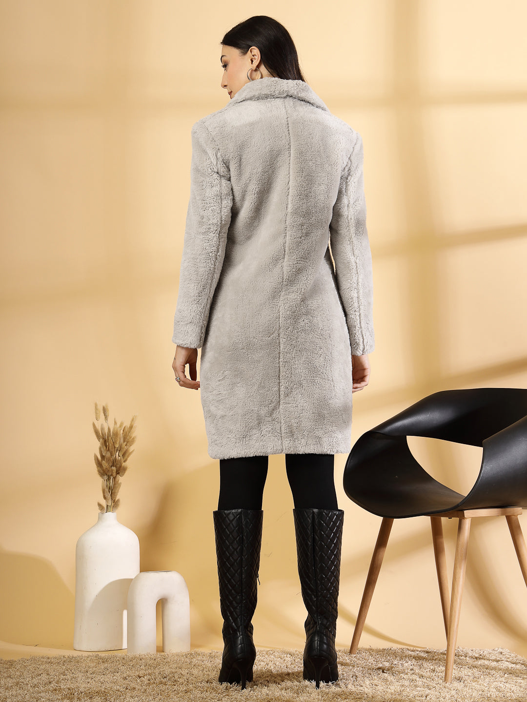 Beige Long Sleeve Single-Breasted Rabbit Wool Overcoat by KLOTTHE®