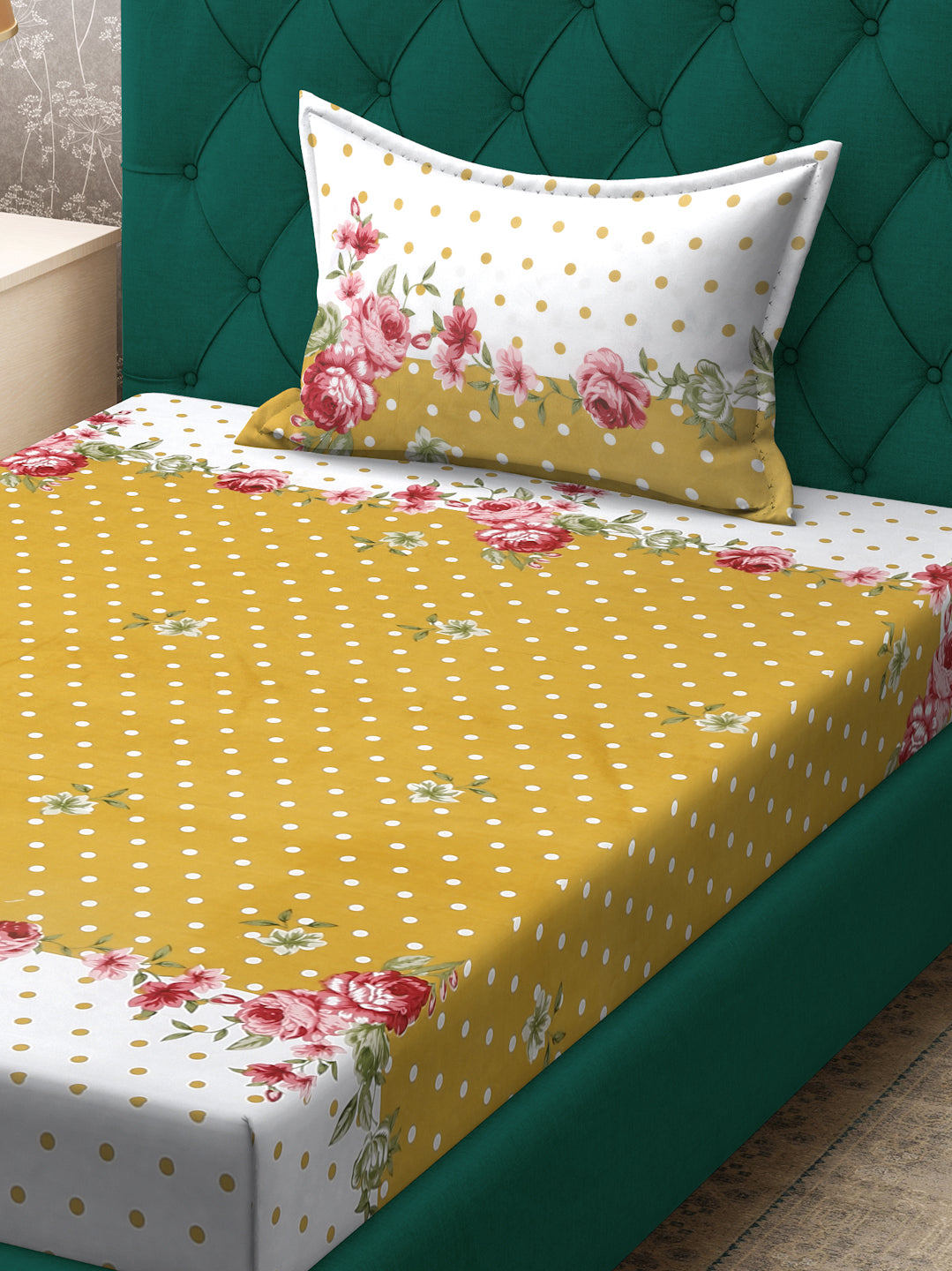 Klotthe Yellow Floral 300 TC Cotton Blend Fitted Single Bedsheet with Pillow Cover