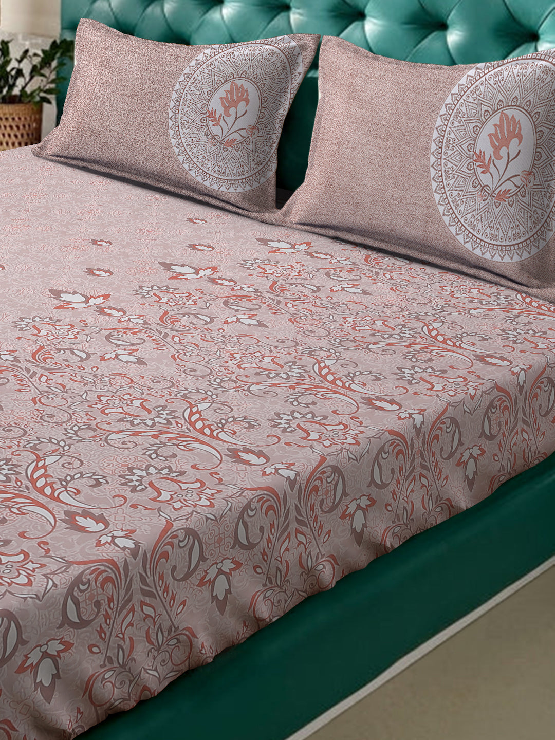 Klotthe Peach Floral 400 TC Pure Cotton Fitted Super King Double Bedsheet with 2 Pillow covers