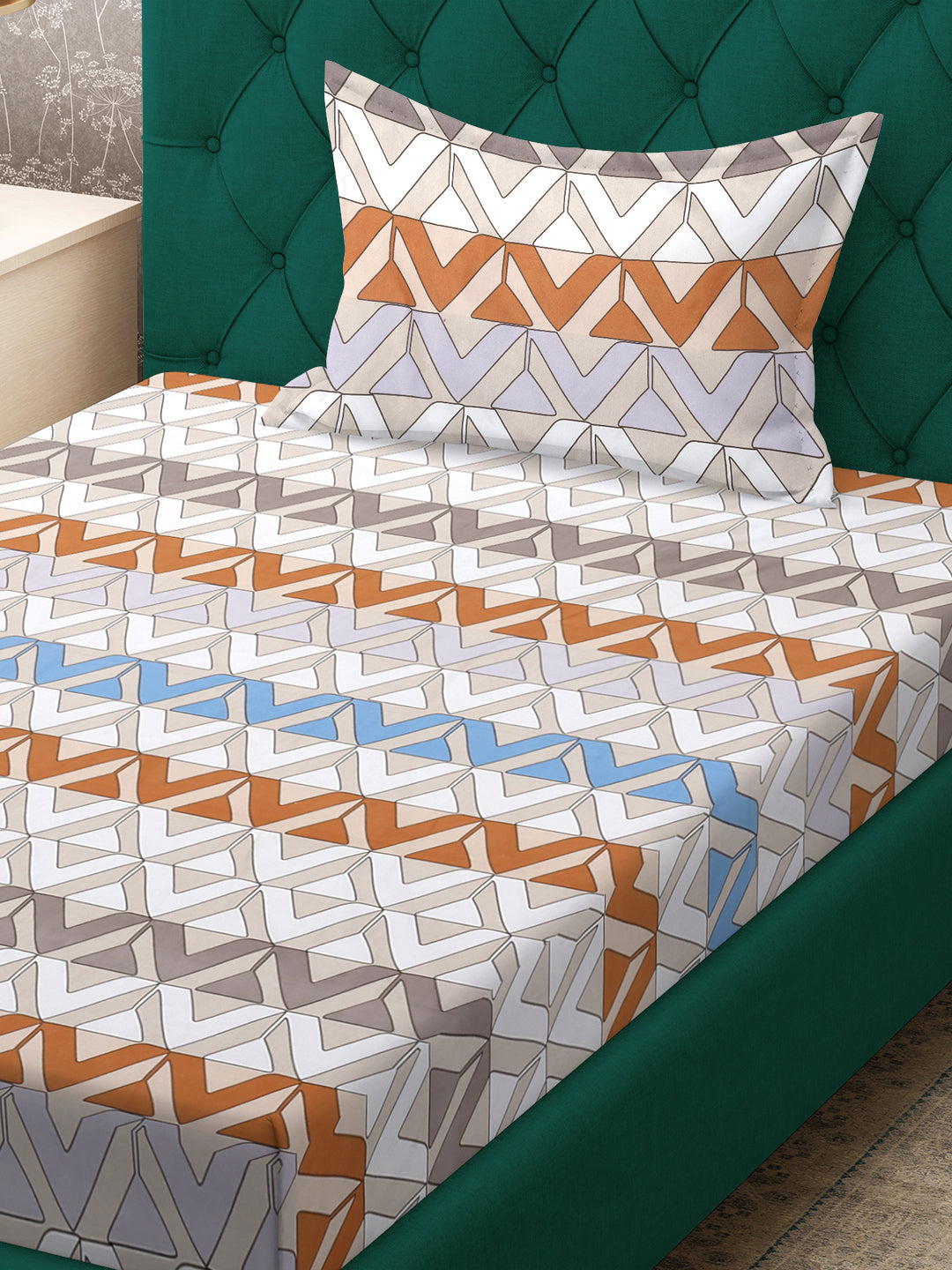 Klotthe Peach Geometric 300 TC Cotton Blend Fitted Single Bedsheet with Pillow Cover