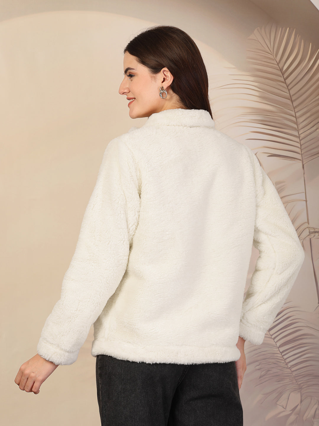 Klotthe Women Cream Solid Woolen Fur Winter Jacket