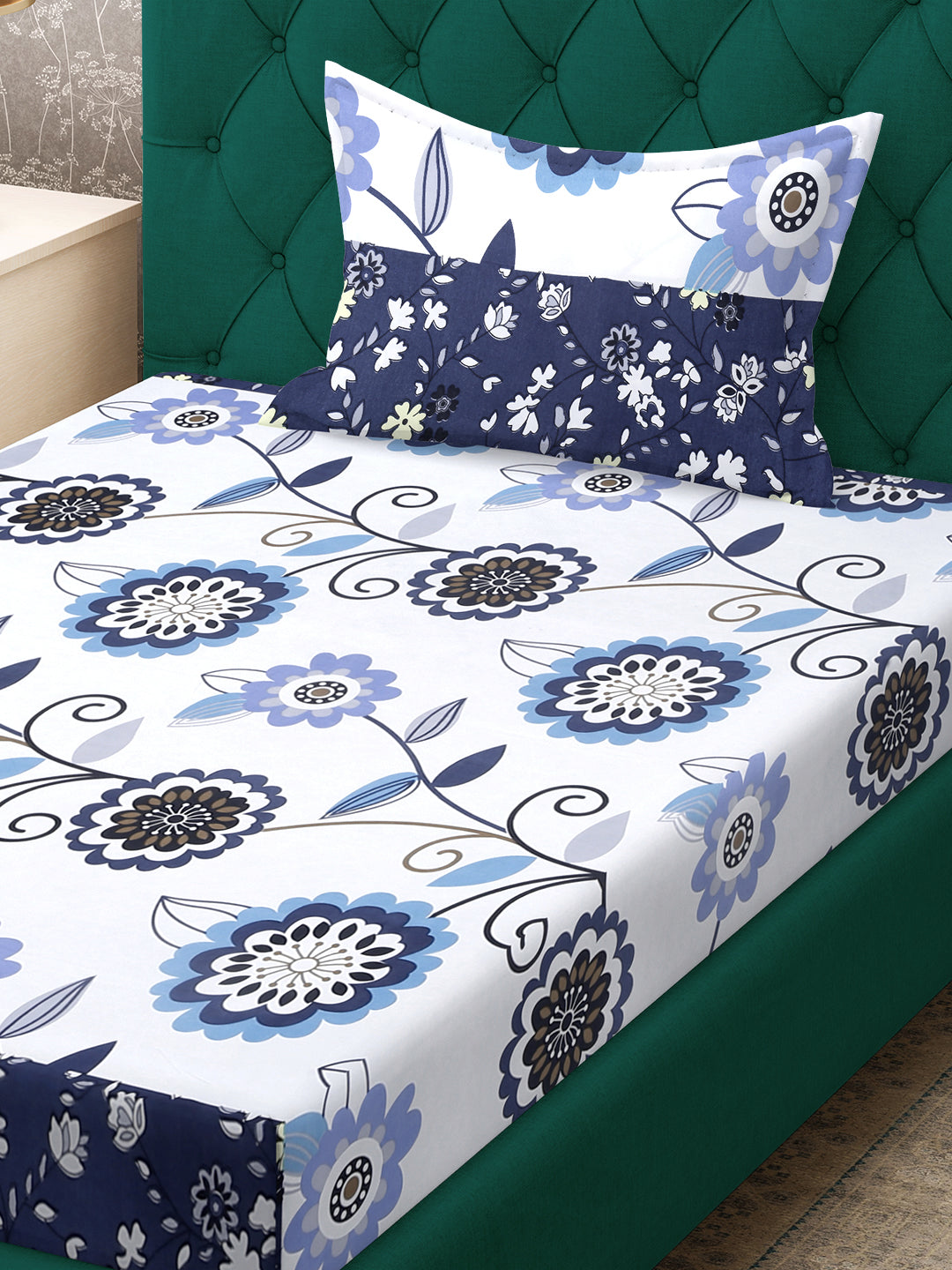 Klotthe White Floral 300 TC Cotton Blend Single Bedsheet with Pillow Cover