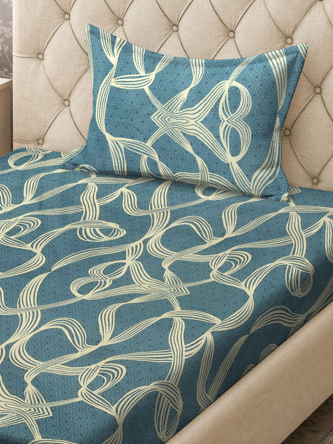 Klotthe Turquoise Abstract 300 TC Cotton Blend Fitted Single Bedsheet with Pillow Cover