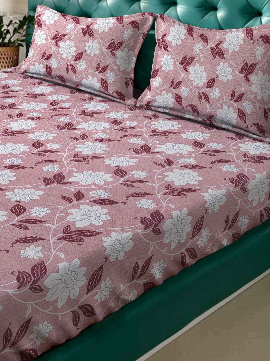 Klotthe Pink Floral 400 TC Pure Cotton Double Bedsheet with 2 Pillow Covers