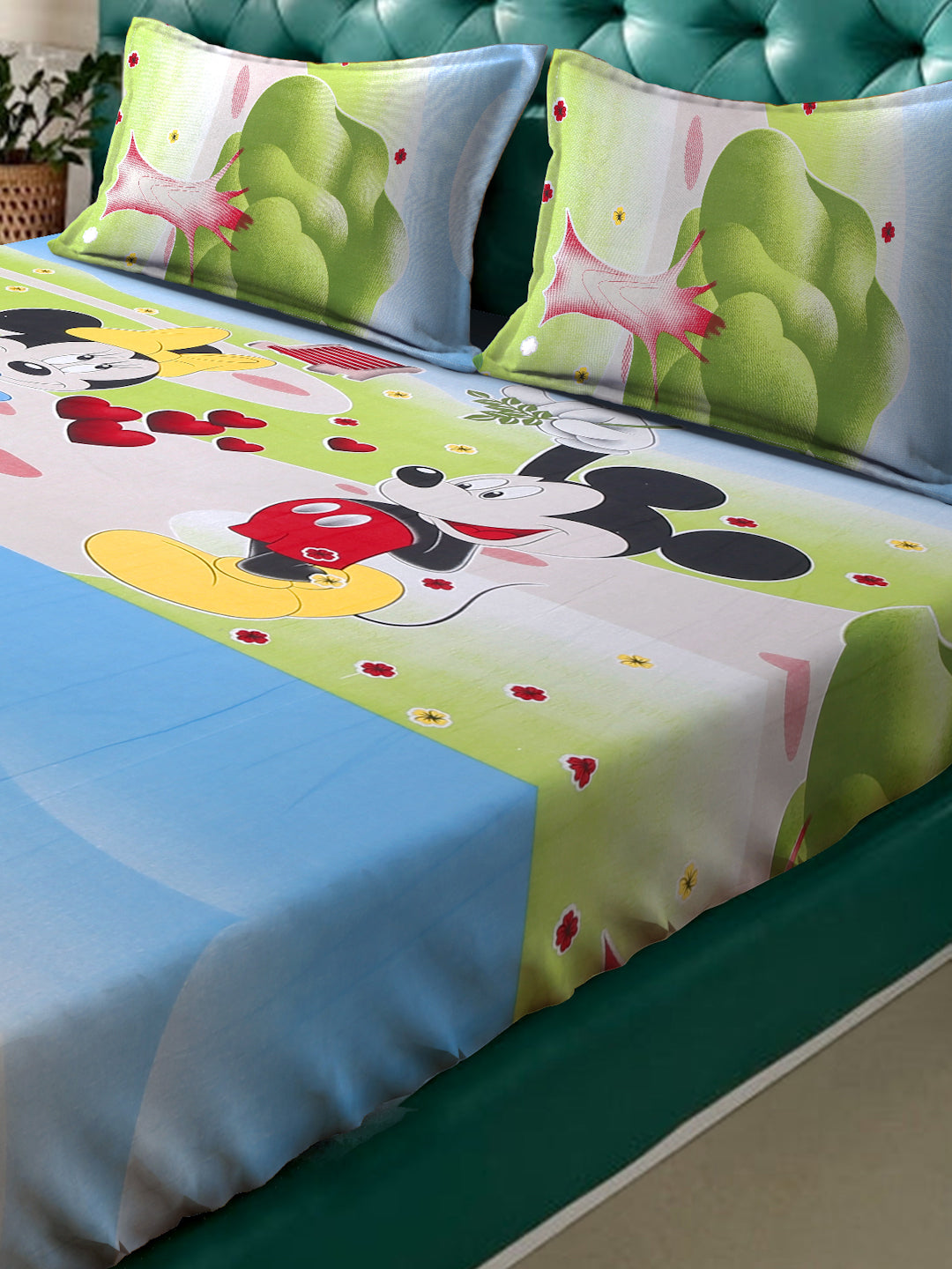 Klotthe Green Cartoon Characters 400 TC Pure Cotton Fitted Double Bedsheet with 2 Pillow Covers