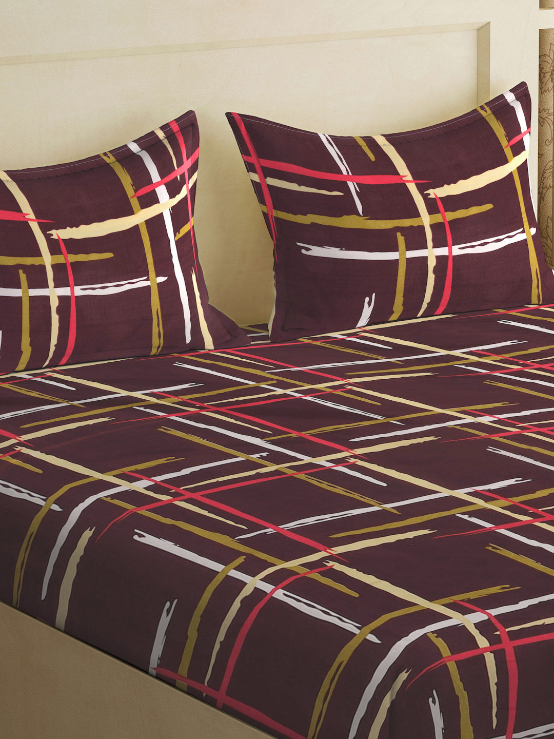 Klotthe Brown Striped 300 TC Cotton Blend Fitted Double Bedsheet with 2 Pillow Covers