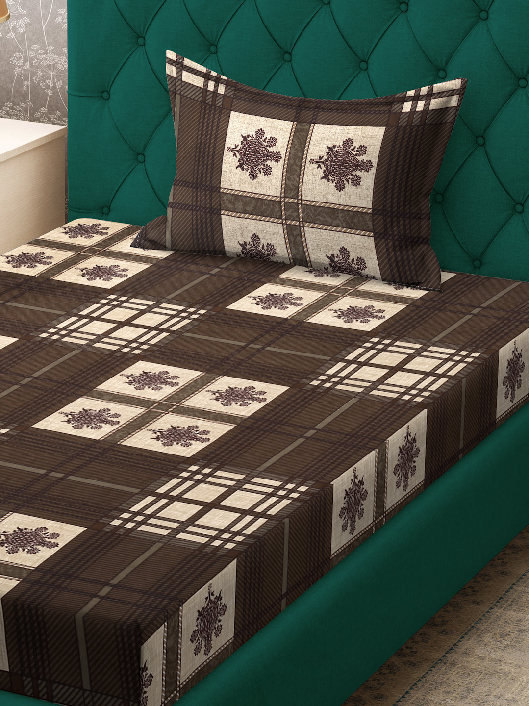 Klotthe Brown Geometric 300 TC Cotton Blend Fitted Single Bedsheet with Pillow Cover