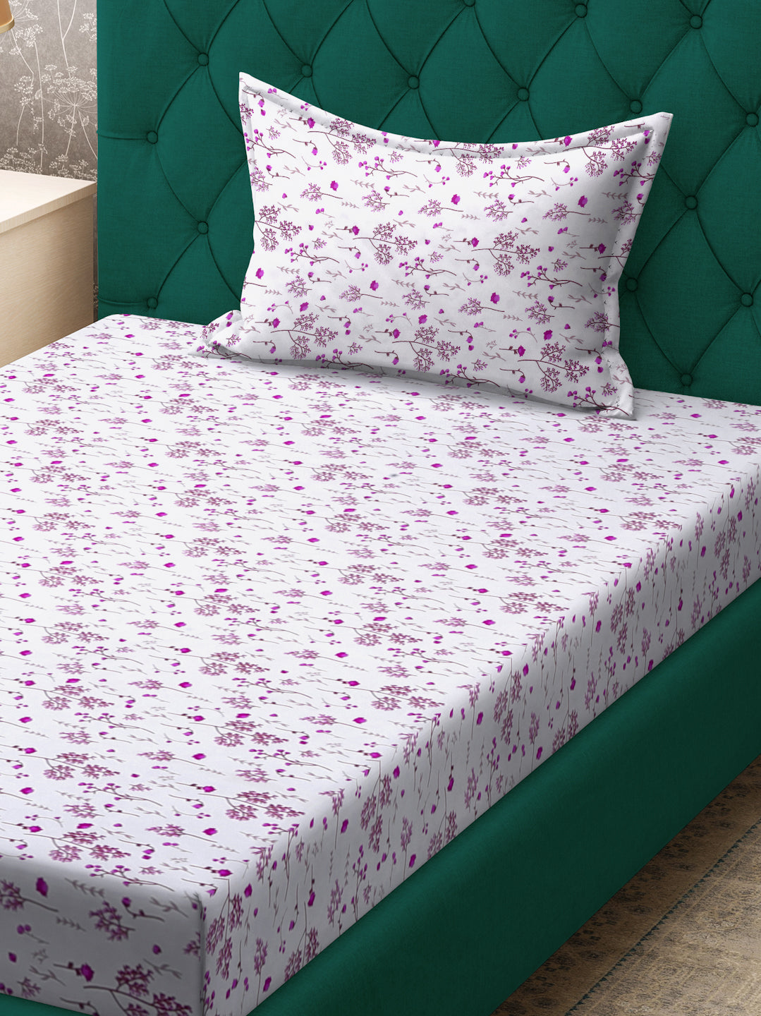 Klotthe White Floral 300 TC Cotton Blend Single Bedsheet with Pillow Cover