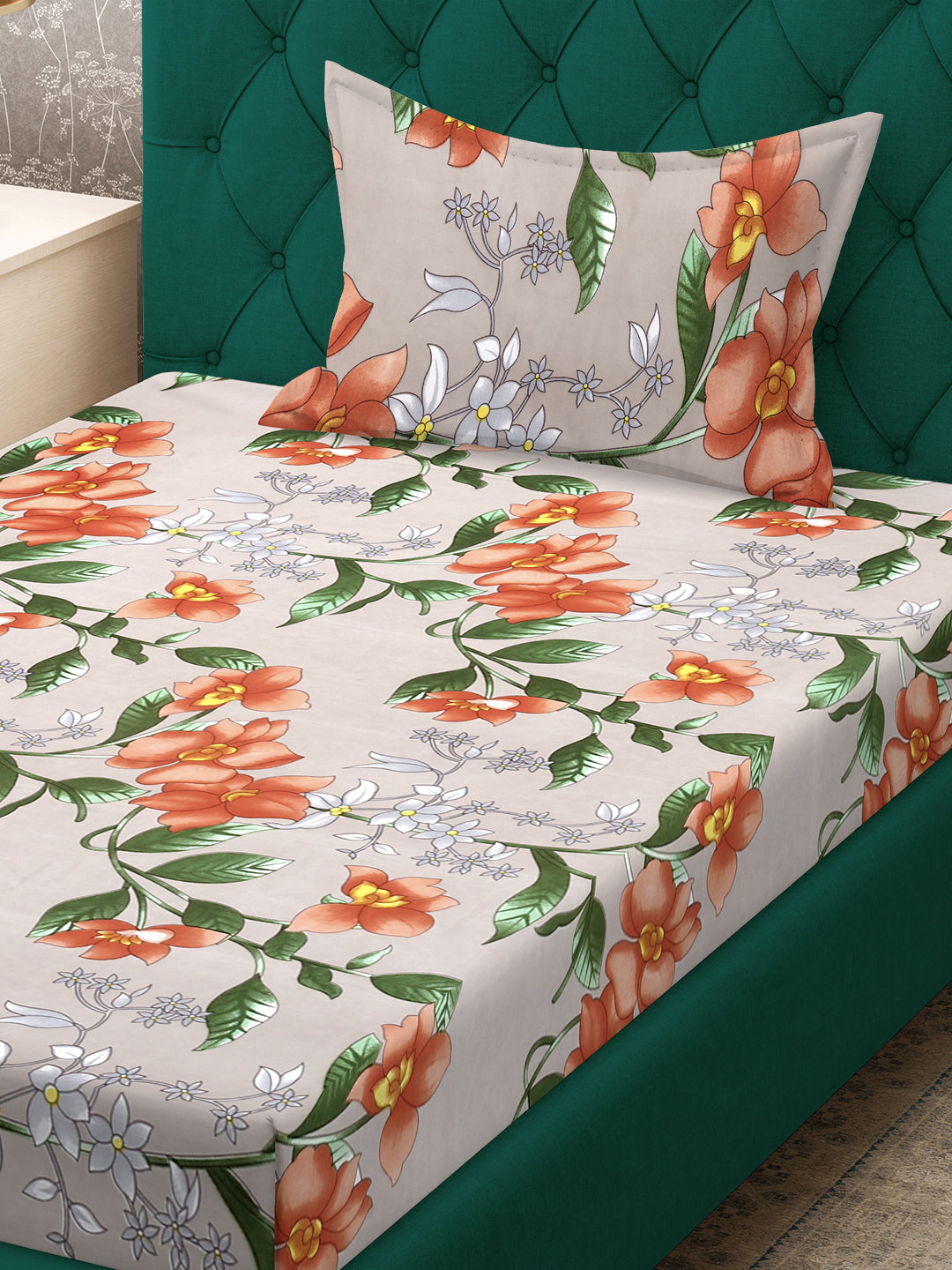 Klotthe Beige Floral 300 TC Cotton Blend Fitted Single Bedsheet with Pillow Cover