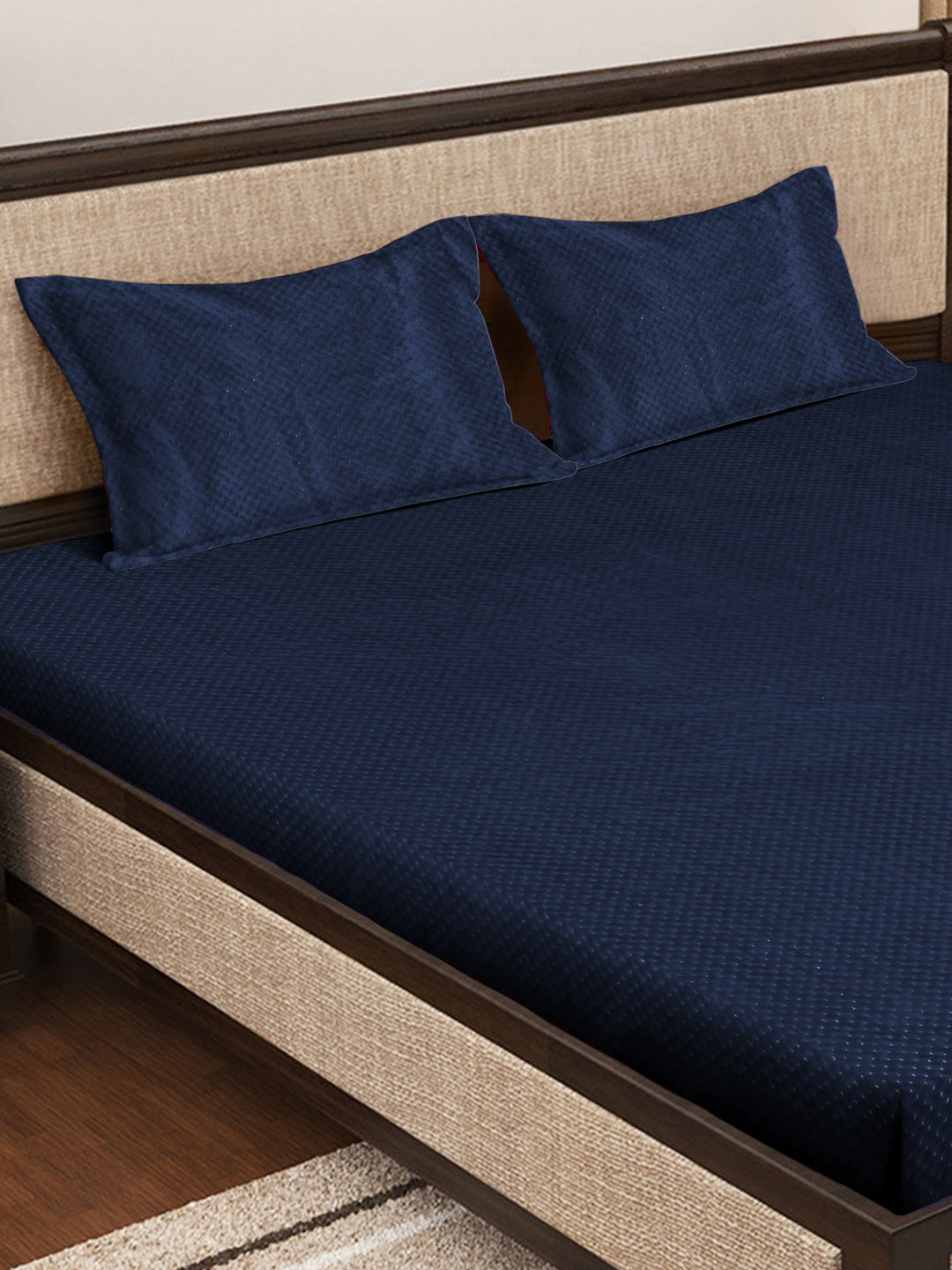 Klotthe NavyBlue Abstract Woolen Fitted Double Bed Sheet with 2 Pillow Covers