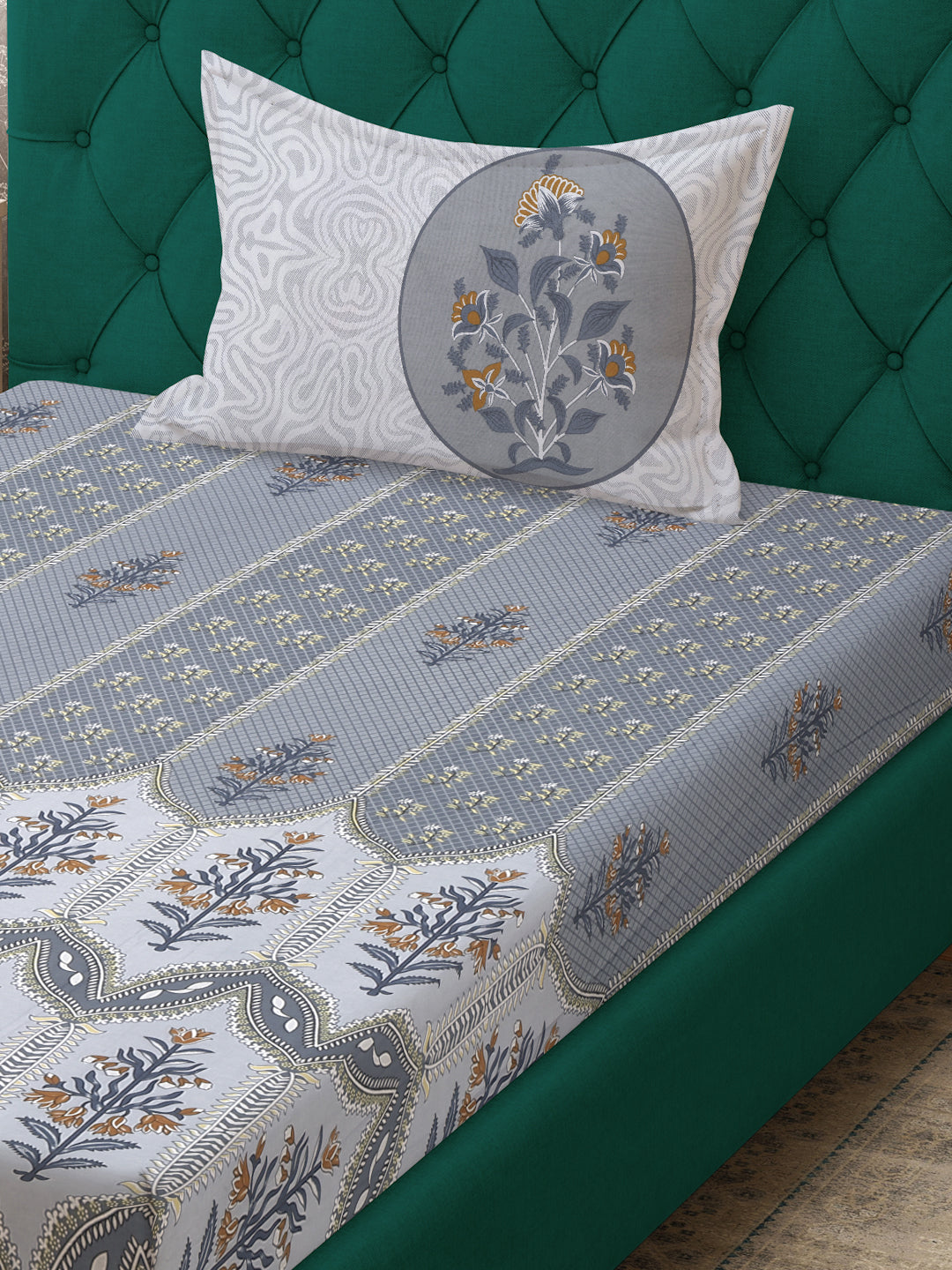 Klotthe Grey Floral 400 TC Pure Cotton Fitted Single Bedsheet with Pillow Cover