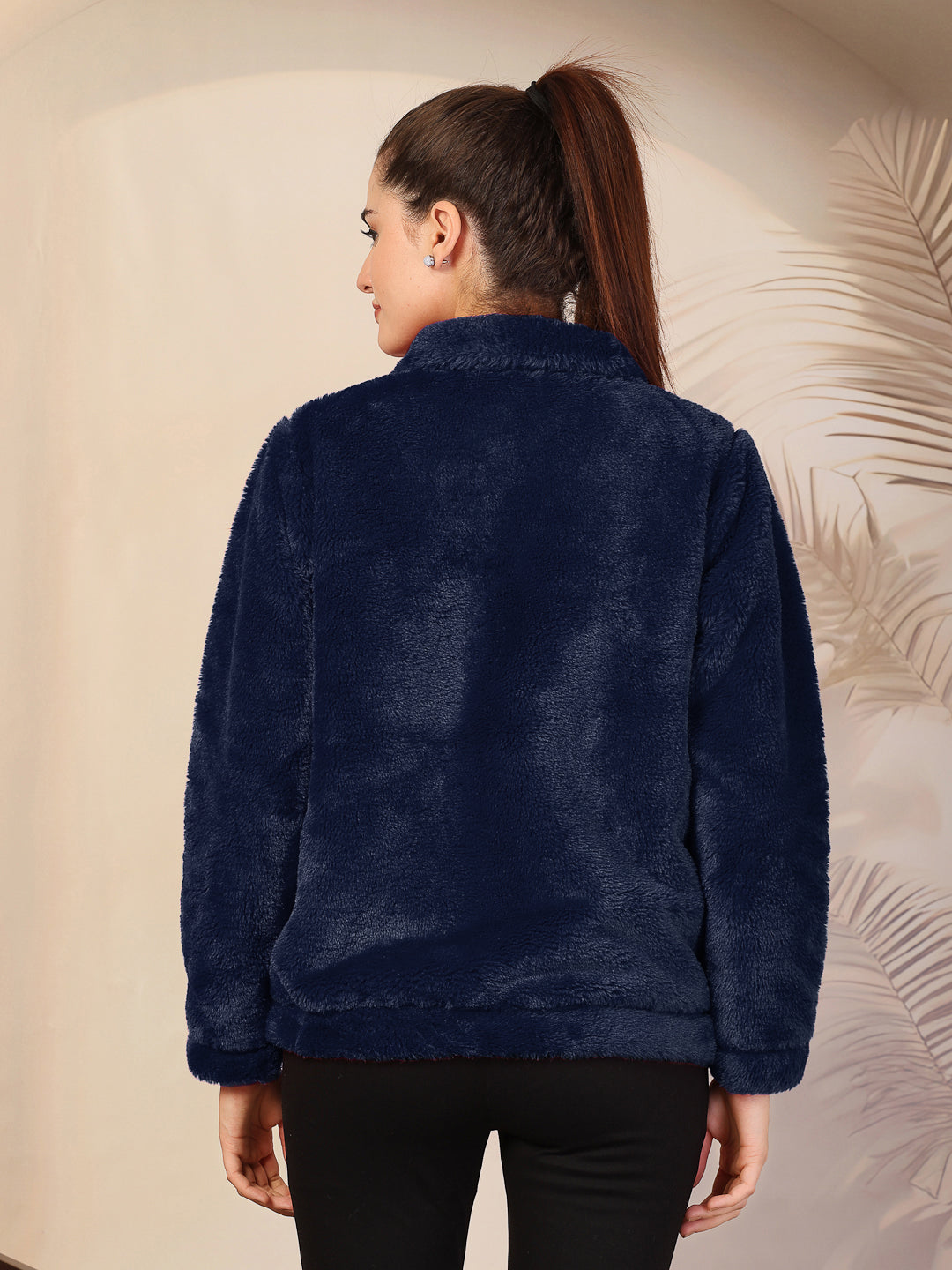 Klotthe Women Blue Solid Woolen Fur Winter Jacket