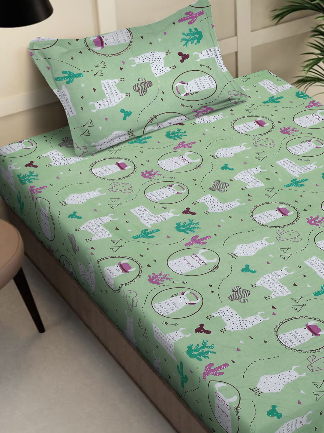 Klotthe Green Cartoon Characters 400 TC Pure Cotton Fitted Single Bedsheet with Pillow Cover