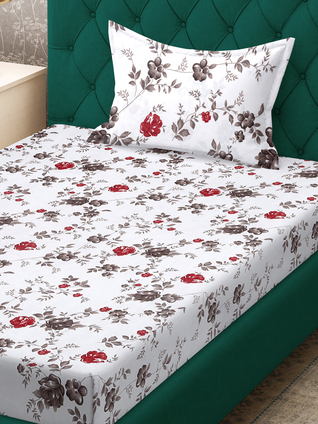 Klotthe White Floral 300 TC Cotton Blend Fitted Single Bedsheet with Pillow Cover