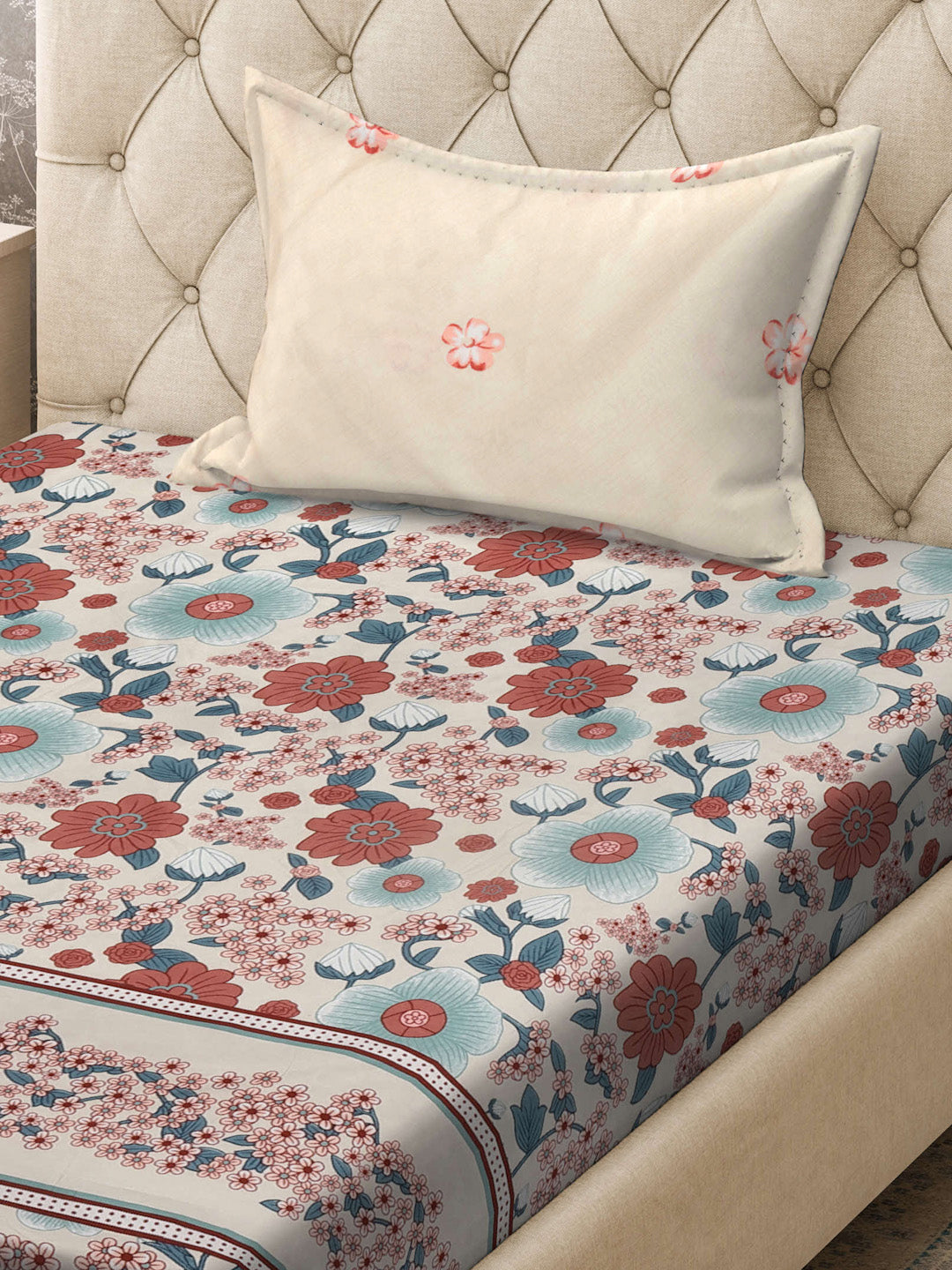 Klotthe Multi Floral 300 TC Cotton Blend Fitted Single Bedsheet with Pillow Cover