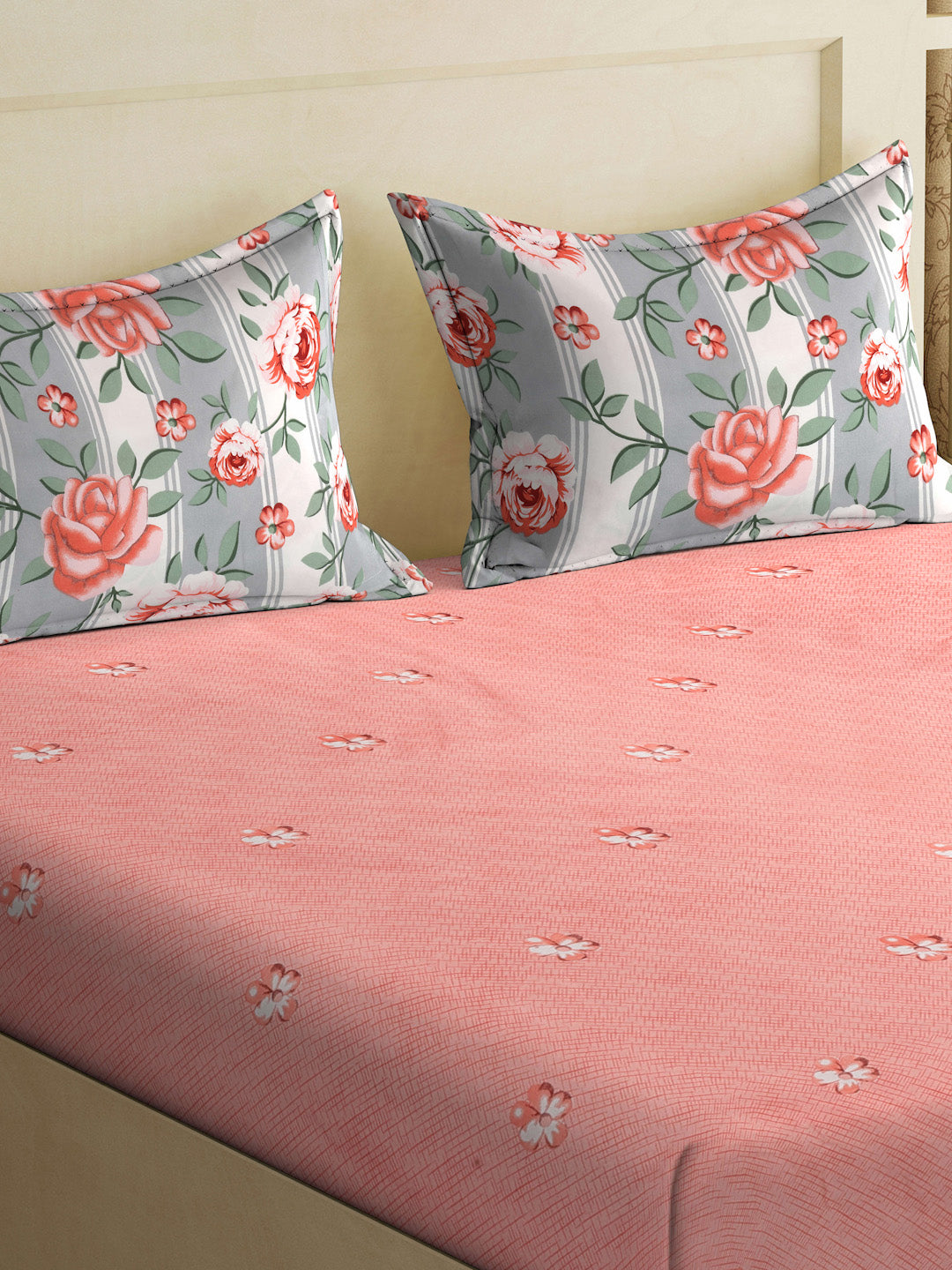 Klotthe Pink Floral 300 TC Cotton Blend Double Bedsheet with 2 Pillow Covers