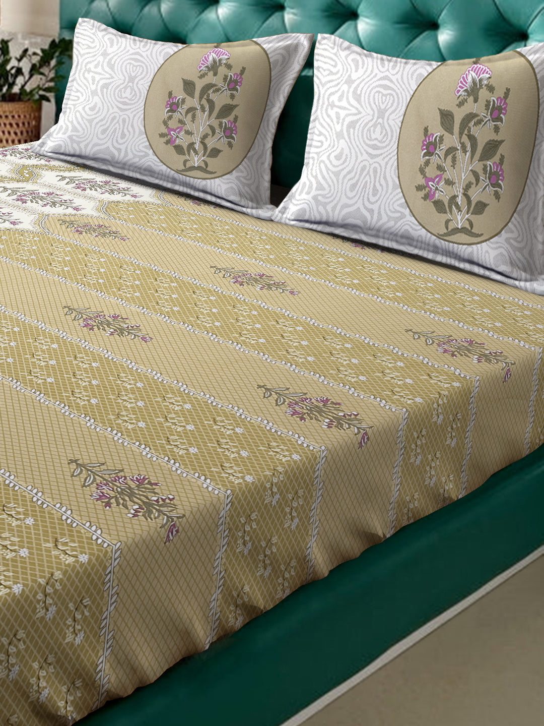 Klotthe Olive Floral 400 TC Pure Cotton Super King Double Bedsheet with 2 Pillow covers