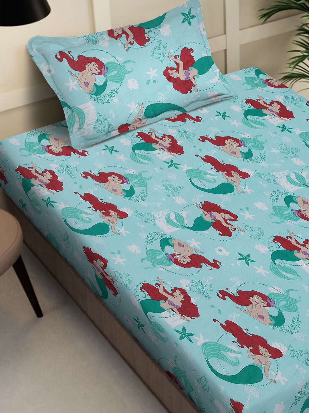 Klotthe Turquoise Cartoon Characters 400 TC Pure Cotton Fitted Single Bedsheet with Pillow Cover