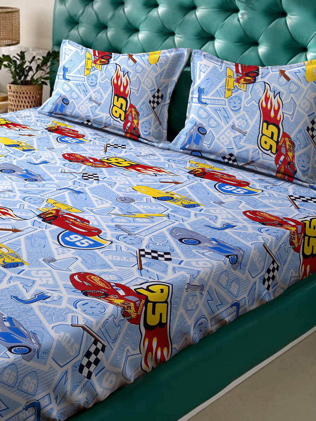 Klotthe SkyBlue Cartoon Characters 400 TC Pure Cotton Fitted Double Bedsheet with 2 Pillow Covers