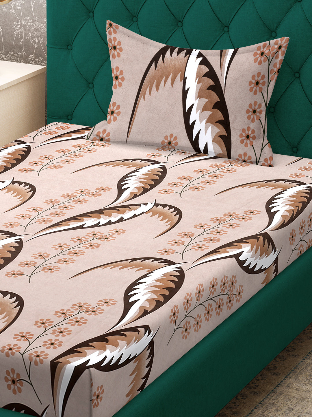 Klotthe Brown Floral 300 TC Cotton Blend Single Bedsheet with Pillow Cover