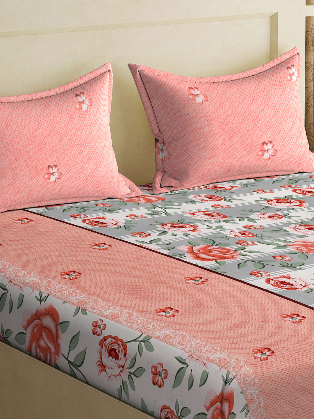 Klotthe Multi Floral 300 TC Cotton Blend Fitted Double Bedsheet with 2 Pillow Covers