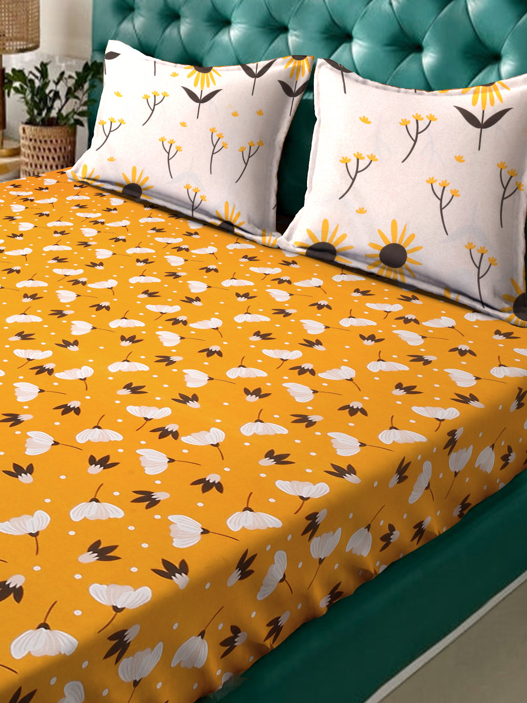 Klotthe Yellow Floral 300 TC Cotton Blend Double Bedsheet with 2 Pillow Covers